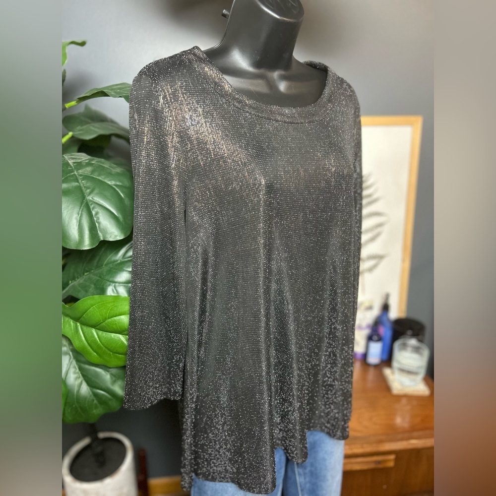 Anne Klein Stretchy Black and Gold Sparkle Shimmer Blouse Top Size L - Picture 3 of 6